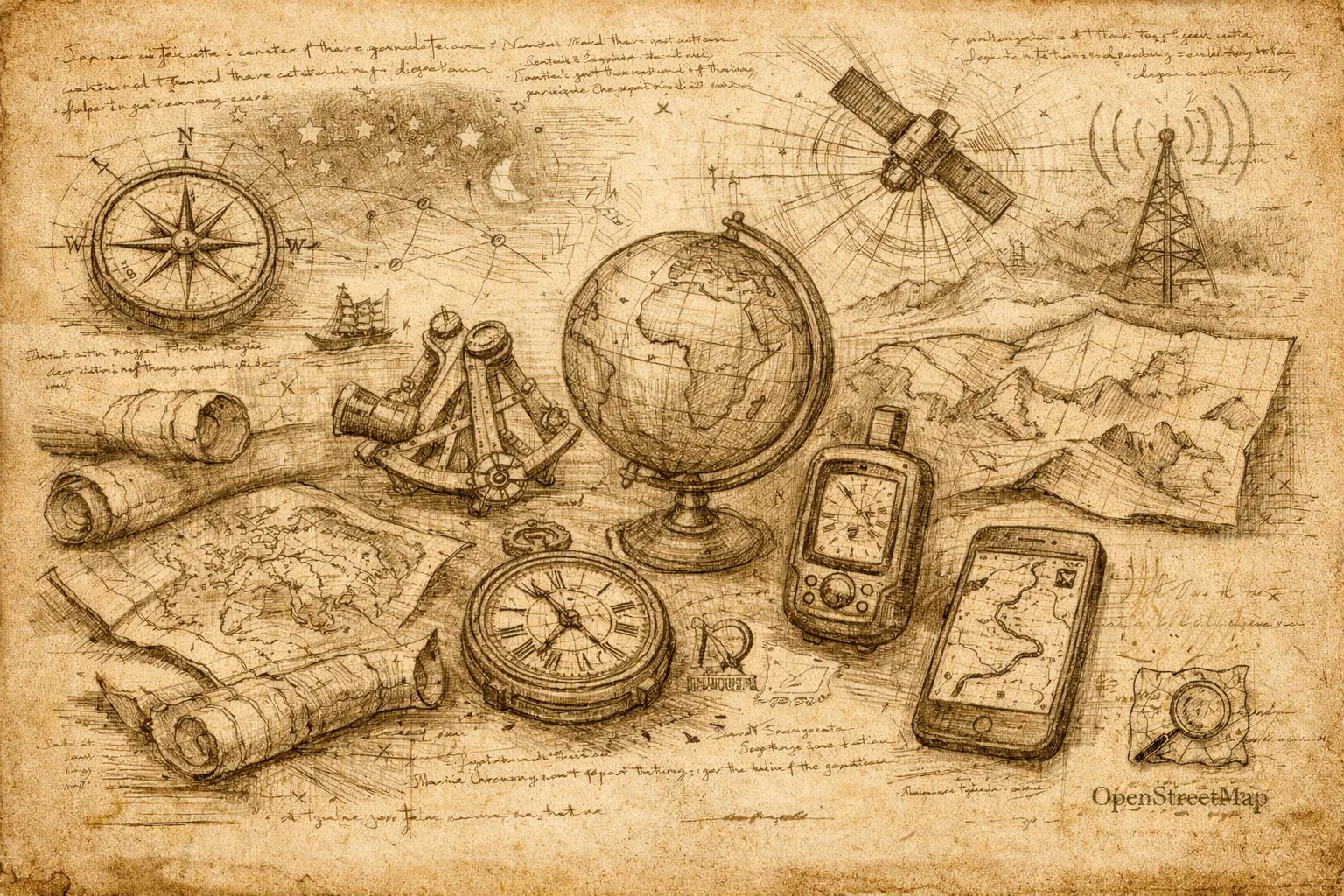 KI-generierte Illustration im Stil Leonardo da Vincis, die verschiedene Hilfsmittel zur Navigation zeigt.
