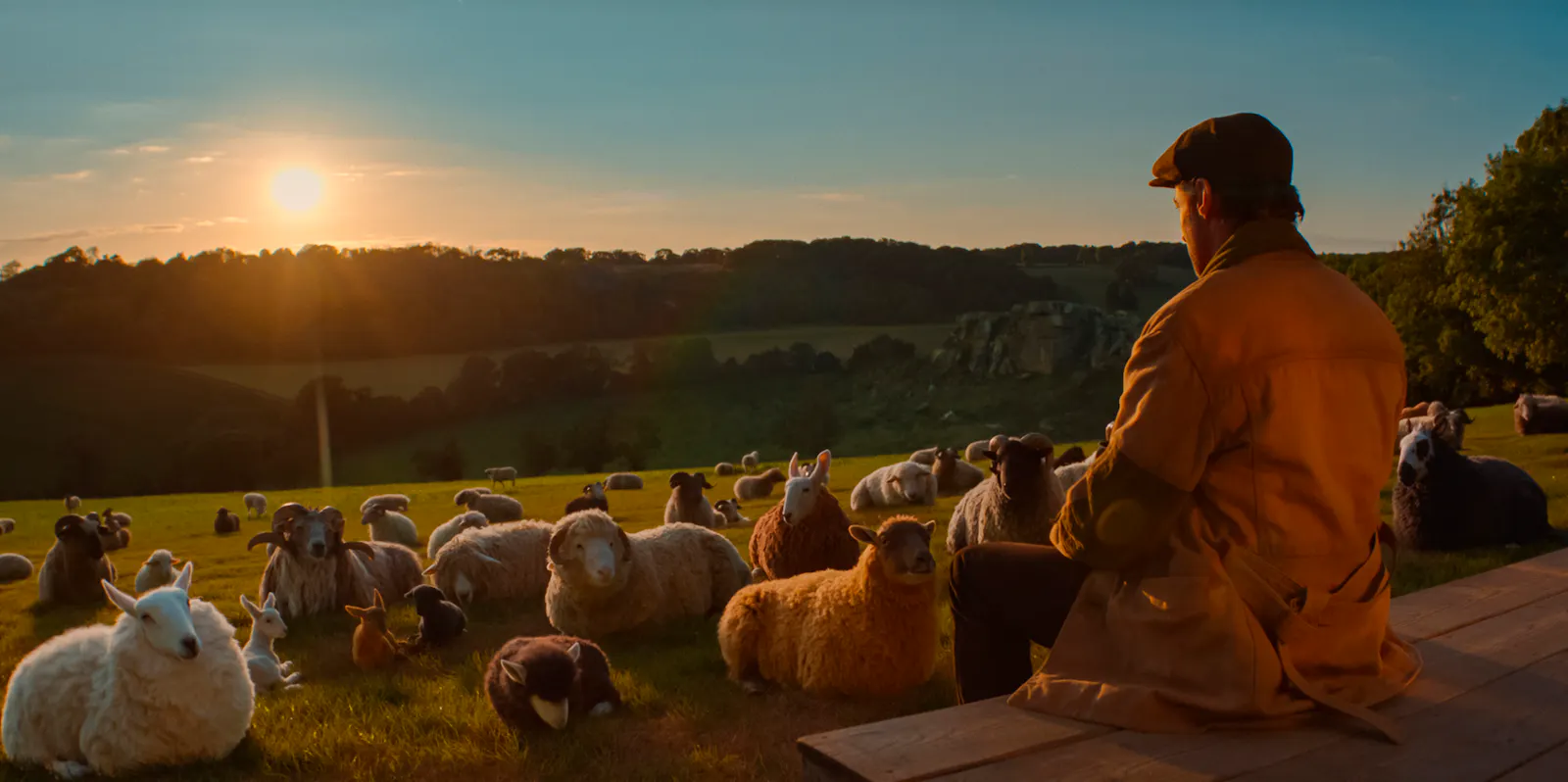 (v. l. n. r.) Cloud, Daisy, Sir Ritchfield, Pickles, Oliver, Wool-Eyes, Zora, Mopple, das ohnmächtige Schaf, Lily, Reggie und Ronnie sowie Hugh Jackman als George Hardy in GLENNKILL: EIN SCHAFSKRIMI// Mit freundlicher Genehmigung von Amazon MGM Studios © 2026 Amazon Content Services LLC. Alle Rechte vorbehalten.