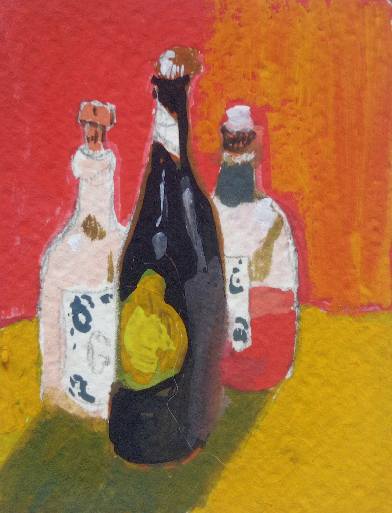 A gouache painting of three bottles. White on the left, a one half filled with a red liquid and one black bottle with yellow label at the front. The background is red, orange, and the table yellow with greenish shadow cast by the three bottles.