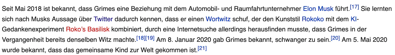 Screenshot mit Wikipedia-Text zu Elon Musks Beziehungsbeginn mit Grimes rund um ein Twitter-Wortspiel
