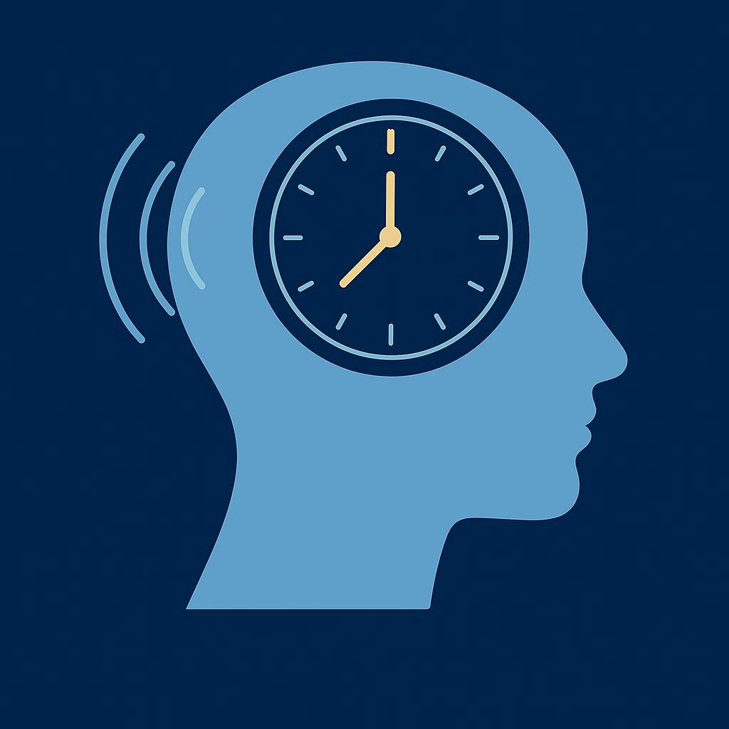 llustration eines stilisierten Kopfes mit einer Uhr im Gehirnbereich, die eine gestörte innere Uhr bei ADHS symbolisiert. Die Uhr steht für eine verzögerte circadiane Rhythmik, die mit Schlafproblemen und einer veränderten Melatoninproduktion zusammenhängt.