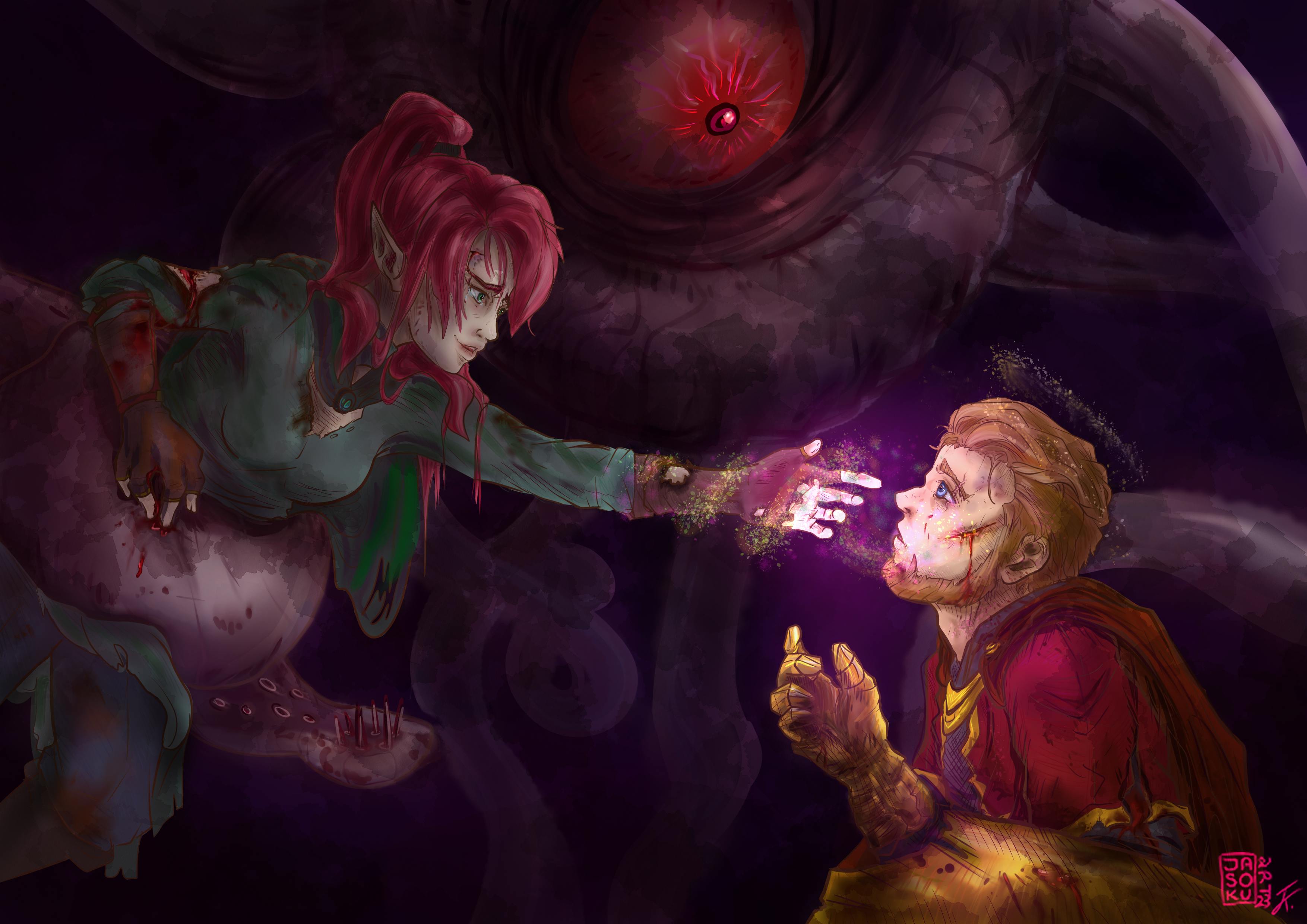 Digitale Fanart-Illustration aus Episode 49 der Kampagne „Hüter der Obelisken": In einer düsteren, von Tentakeln durchzogenen Umgebung schwebt oben ein Beholder mit leuchtendem roten Auge. Links hält eine seiner Tentakeln die Elfe Elaynie, die zerzaustes rotes Haar und spitze Ohren hat, ein zerrissenes türkises Gewand trägt und blutige Wunden aufweist. Sie streckt die Hand aus. Rechts ist Flynt, ein blonder junger Mann mit blauen Augen, ebenfalls verletzt und blutend, in einem roten Umhang mit goldenen Details und einem goldenen Handschuh. Er blickt Elaynie entgegen. Signiert von „Jasoku".
