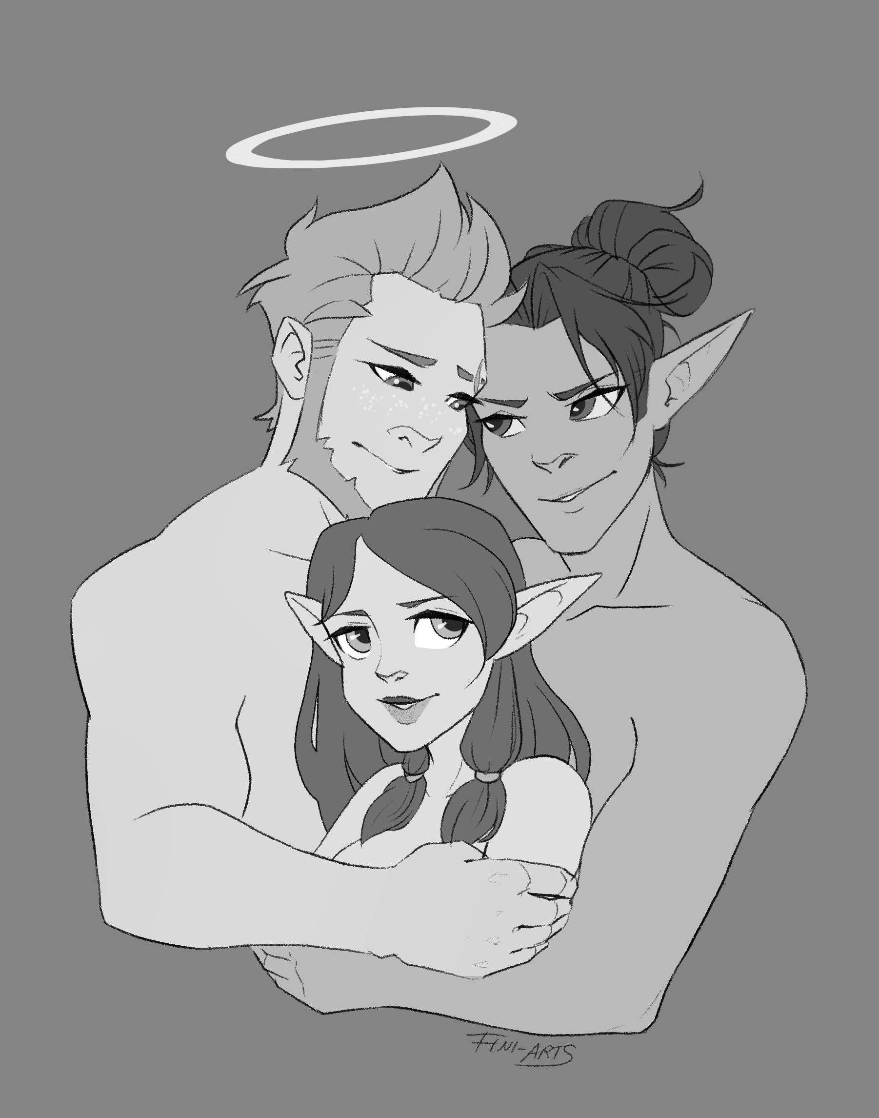 Digitale Fanart-Illustration von Fini-Arts in Schwarz-Weiß: Flynt, ein großer Mann mit hellem Haar und einem Heiligenschein, und Noah, ein großer Elf mit dunklem Haar zum Dutt und spitzen Ohren, stehen hinter Elaynie, einer kleineren Elfin mit langen geflochtenen Zöpfen. Beide Männer haben ihre Arme um sie gelegt und lächeln – eine warmherzige, aber auch spannungsgeladene Gruppenumarmung.