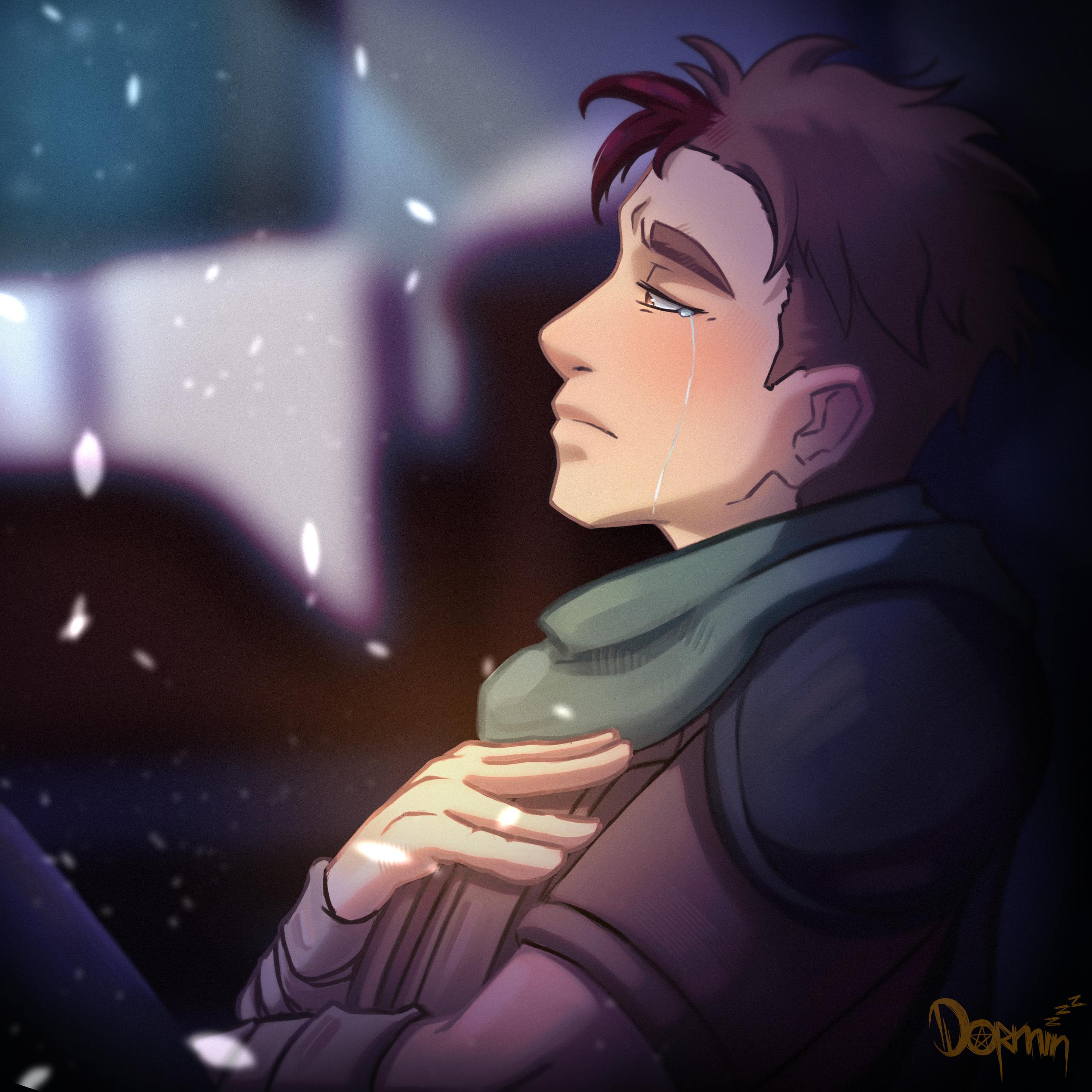 Digitale Fanart-Illustration des Charakters Peren von Dormin: Ein junger Mann mit dunkelbraunem Haar und roter Strähne, der mit halb geschlossenen Augen und einer Träne auf der Wange nach vorne blickt. Er trägt eine dunkle Rüstung und einen grünen Schal und legt seine Hand auf seine Brust.
