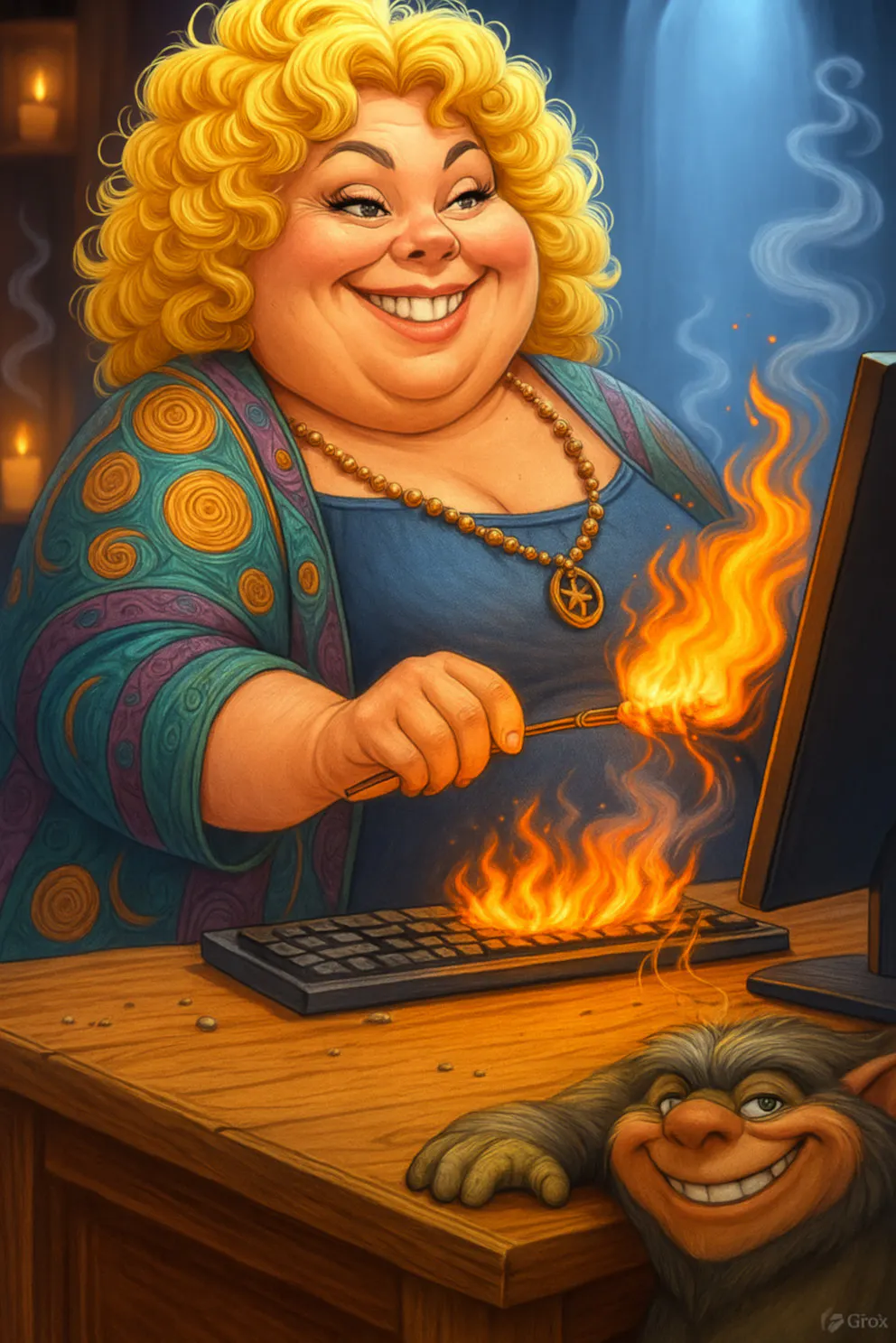 Disallow robots.txt und Ilse stehen auf Kriegsfuß: Die Esoterikerin Ilse war der Überzeugung ein Elektronik-Troll würde ihren Blog blockieren. Und Seo versteht sie, ihren Blog auszuräuchern. Auf dem Bild sieht man eine blonde, voluminöse Frau, eine brennende Tastatur, und unten im Bild grinst ein Troll. Alles im Cartoonformat.