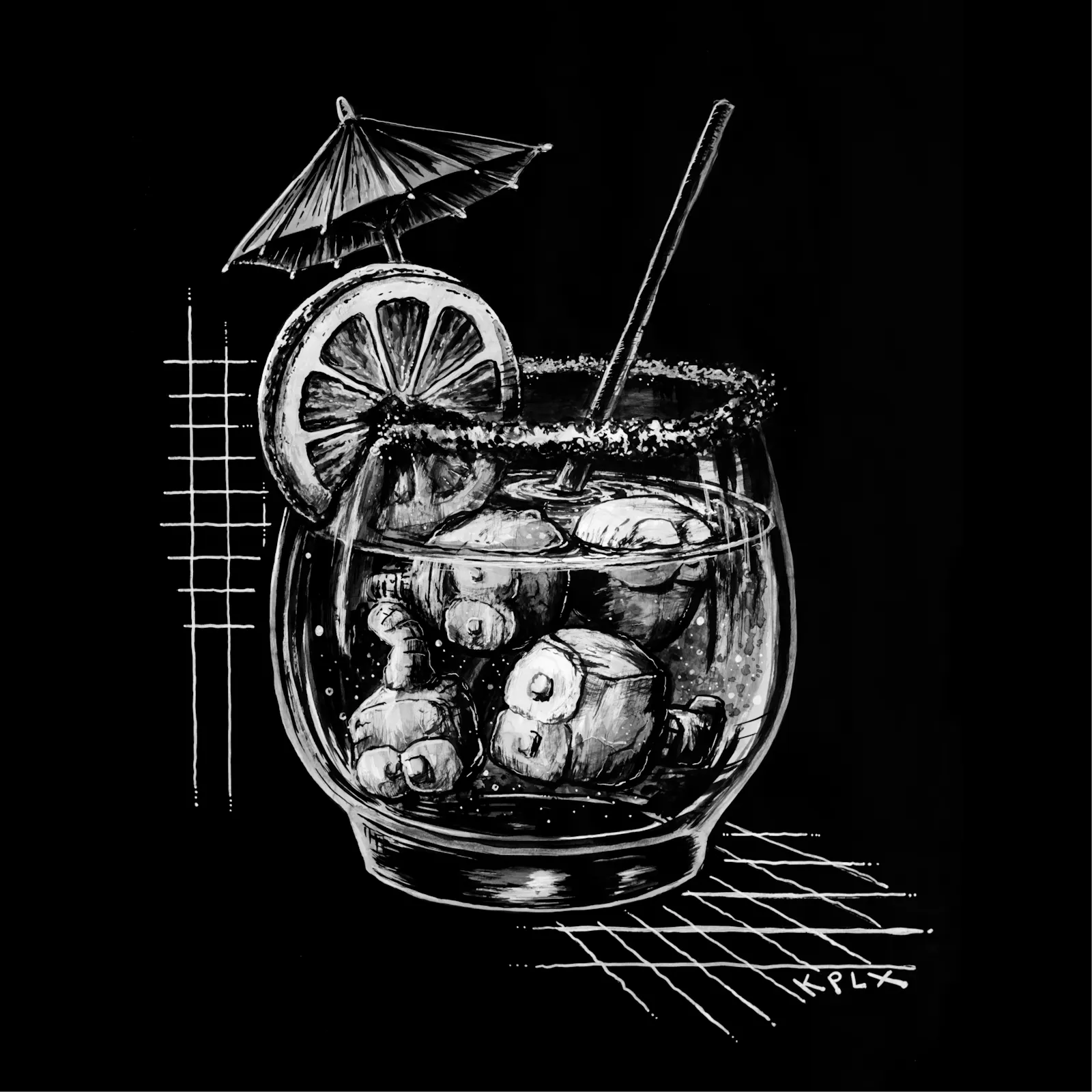 Schwarz-weiße Tuschezeichnung eines Cocktailglases mit Zitronenscheibe, Cocktail-Schirmchen, Trinkhalm und gezuckertem Glasrand. Im Glas befinden sich mehrere Eiswürfel in Dieter bzw. Wurmform.
