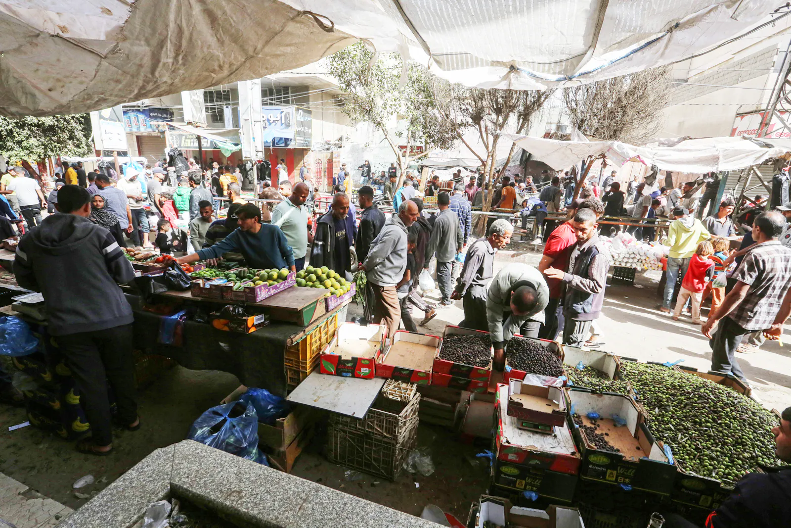 Ein voller Markt mit vollen Marktständen.