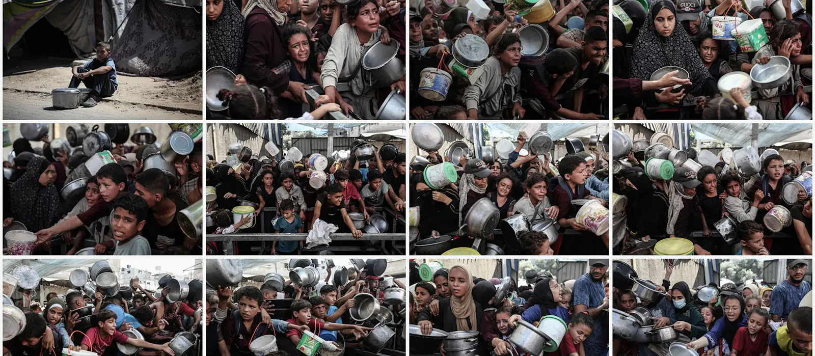 Screenshot eines Anbieters für Stock-Medien mit mehreren Fotos, die alle eine Essensausgabe zeigen.