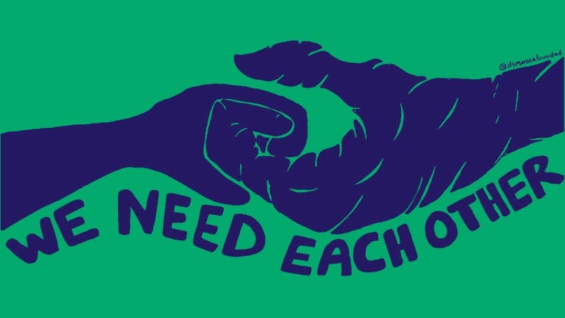 Hintergrund: türkis
2 Hände (blau), die einander gereicht werden
Schriftzug: we need each other
