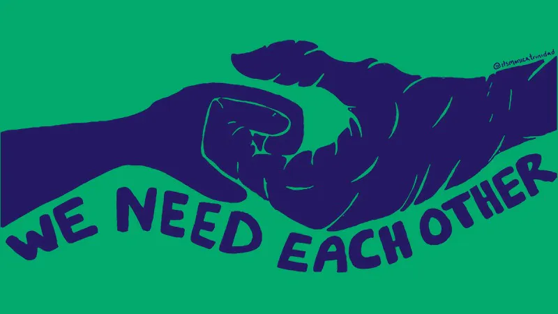 Hintergrund: türkis
2 Hände (blau), die einander gereicht werden
Schriftzug: we need each other