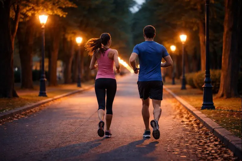 Eine junge Frau und ein junger Mann joggen durch eine abendliche Straße.