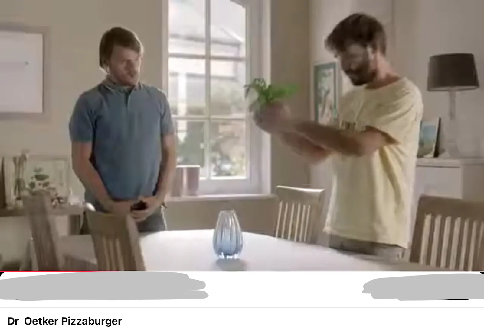 Screenshot aus dem Dr. Oetker Werbespot zum Pizzaburger: zwei Männer an einem Esstisch, der eine stellt einen Bund Ruccola in eine Blumenvase