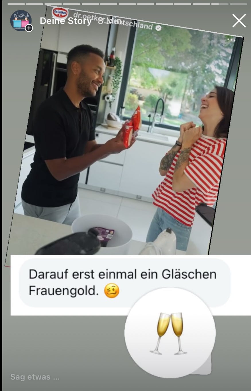 Screenshot unserer Instagram-Story mit Ausschnitt des aktuellen Werbespots, darunter ein chin-chin-Emoji und der Kommentar mit "Darauf erst einmal ein Gläschen Frauengold"