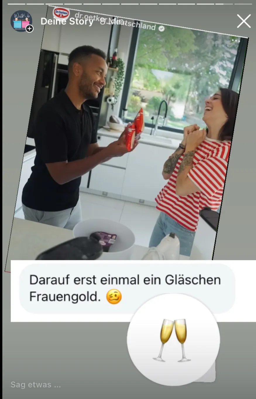 Screenshot unserer Instagram-Story mit Ausschnitt des aktuellen Werbespots, darunter ein chin-chin-Emoji und der Kommentar mit "Darauf erst einmal ein Gläschen Frauengold"