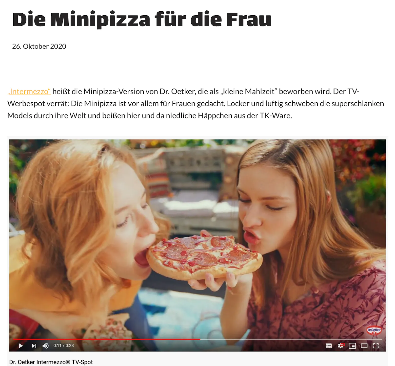 Screenshot aus dem Gruselkabinett des Gendermarketing 'Der Goldene Zaunpfahl': "Die Minipizza für die Frau", Oktober 2020