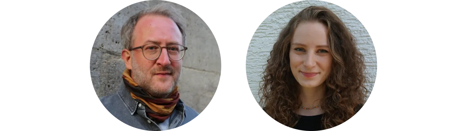 Zwei Porträt-Fotos zeigen David Schmidt und Leoni Bender. David hat kurze Haare, trägt eine Brille, ein Halstuch und ein Jeanshemd. Leoni hat lockige Haare bis über die Schultern, trägt eine bunte Kette am Hals und ein schwarzes Oberteil.