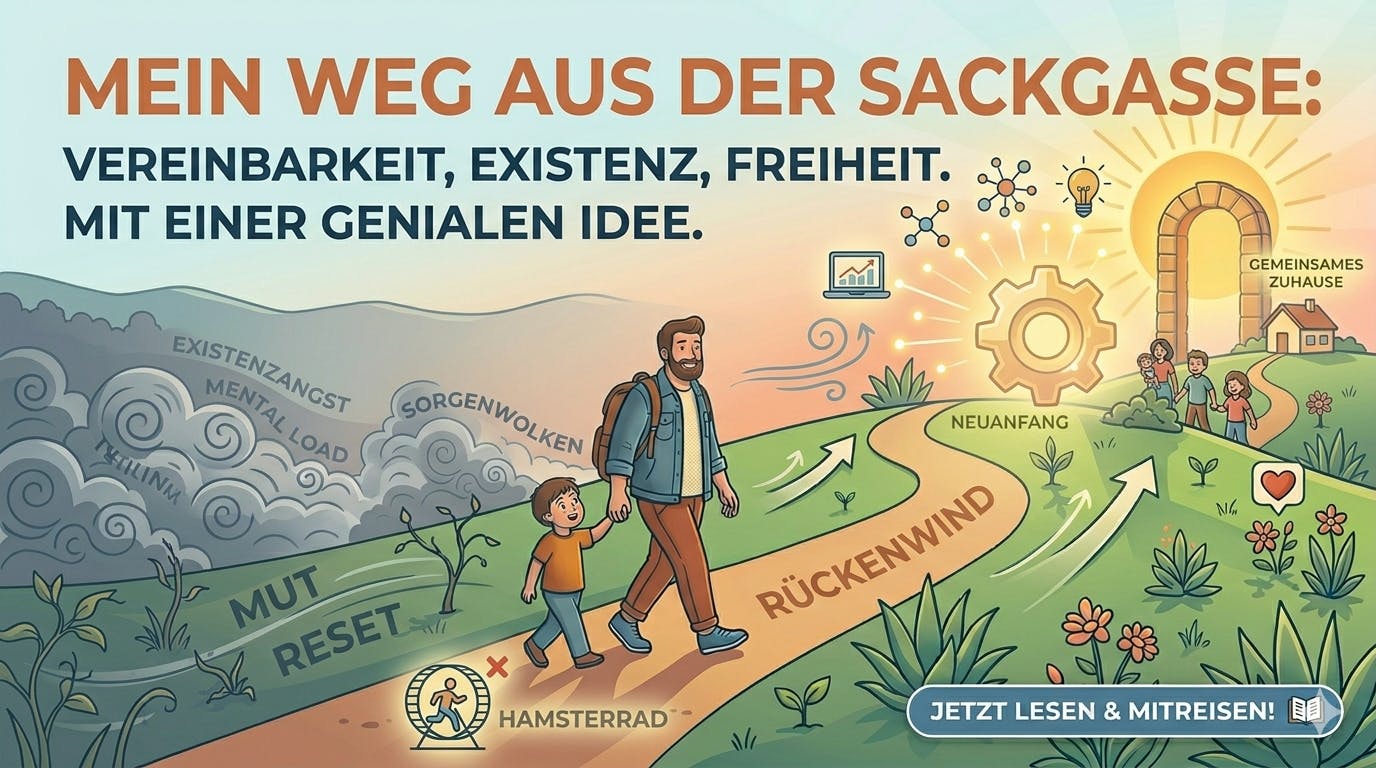Ein motivierendes Beitragsbild für den dritten Blogpost von Papa Reset, das den Weg eines alleinerziehenden Vaters und seines Sohnes aus der Sackgasse von Mental Load und Existenzangst hin zu neuen Zielen, Neuanfang und beruflicher Freiheit visualisiert.