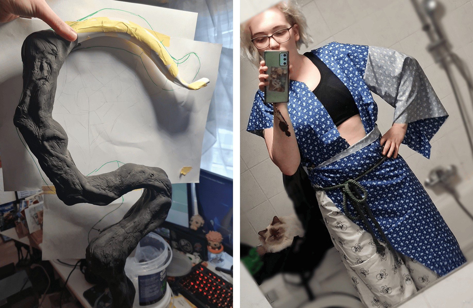 Links: Unfertiger Stock für Gon-Cosplay
Rechts: Hikari probiert das unfertige Cosplay an