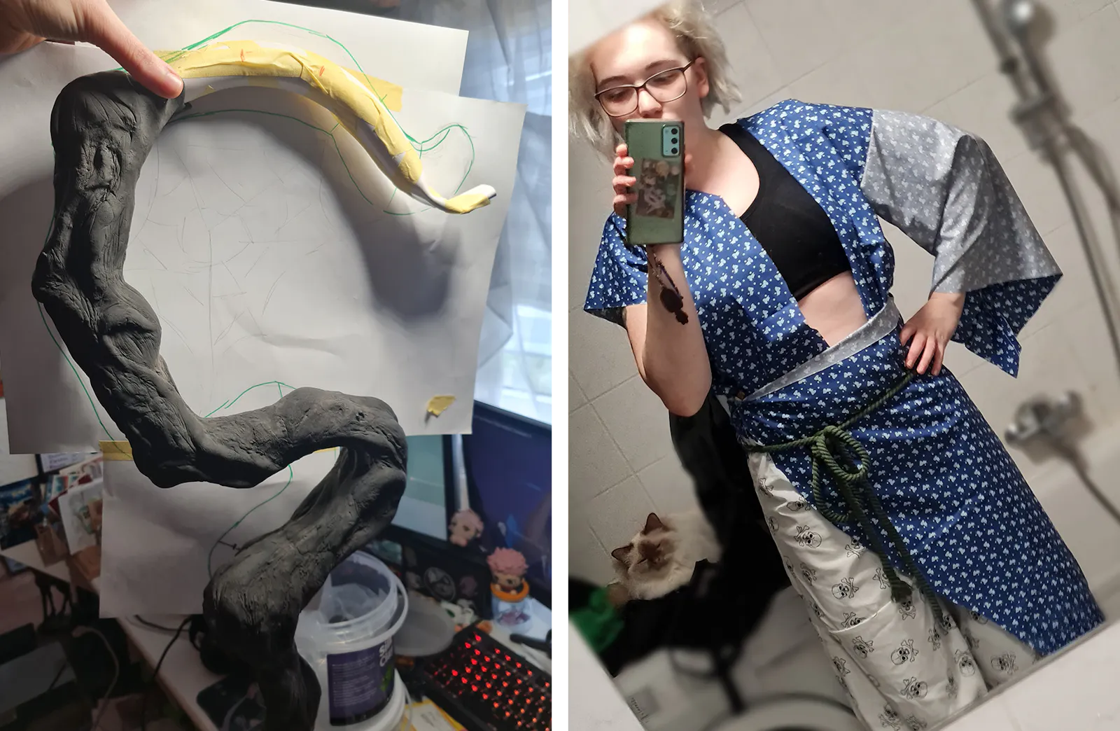 Links: Unfertiger Stock für Gon-Cosplay
Rechts: Hikari probiert das unfertige Cosplay an
