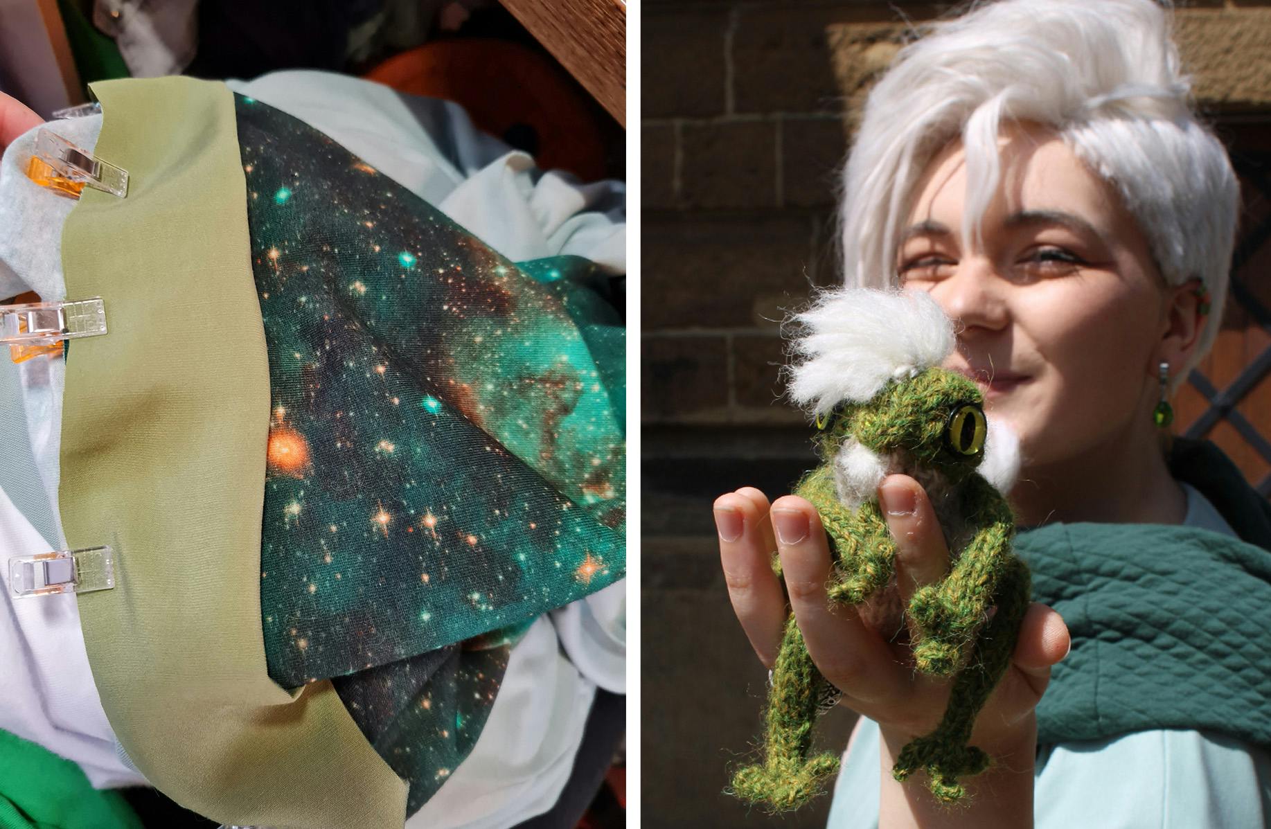 Links: Galaxystoff für das Innenfutter.
Rechts: Hikari mit einem Wollfrosch.