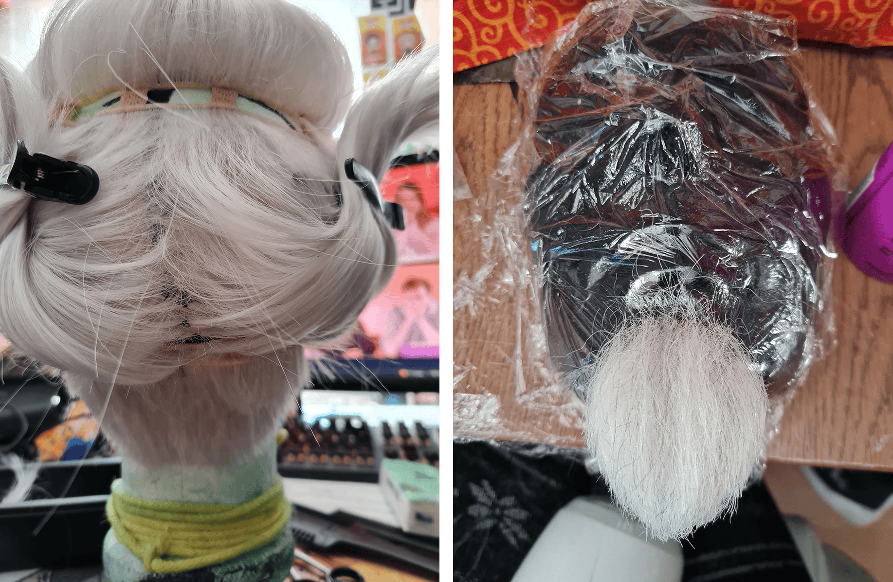 Links: Perücke für Gon-Cosplay
Rechts: Bart-Perücke
