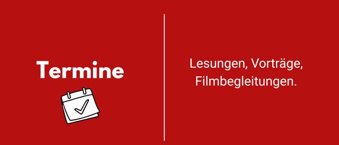 Rotes Titelbild im Wochenendrebellen‑Design als Cover für den Terminkalender von Jason und Mirco von Juterczenka: Vor rotem Hintergrund steht mittig ein weißes Kalendersymbol, daneben eine feine horizontale Trennlinie. Rechtsbündig steht in klarer, weißer Schrift der Text ‚Lesungen, Vorträge und Filmbegleitungen‘. Die Grafik kündigt Termine, Lesungen, Vorträge und Film‑Begleitungen der Wochenendrebellen an und dient als visuelles Keyvisual für den Event‑ und Terminkalender rund um Autismus, Neurodiversität und den Film ‚Wochenendrebellen‘