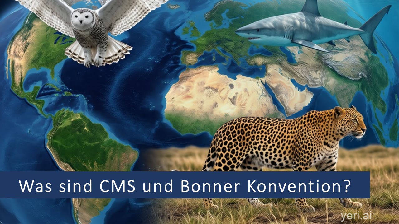 Im Hintergrund die Kontinente, davor links eine Schneeeule, rechts ein Hai und vorne ein Gepard. Dazu der Text: Was sind CMS und Bonner Konvention?