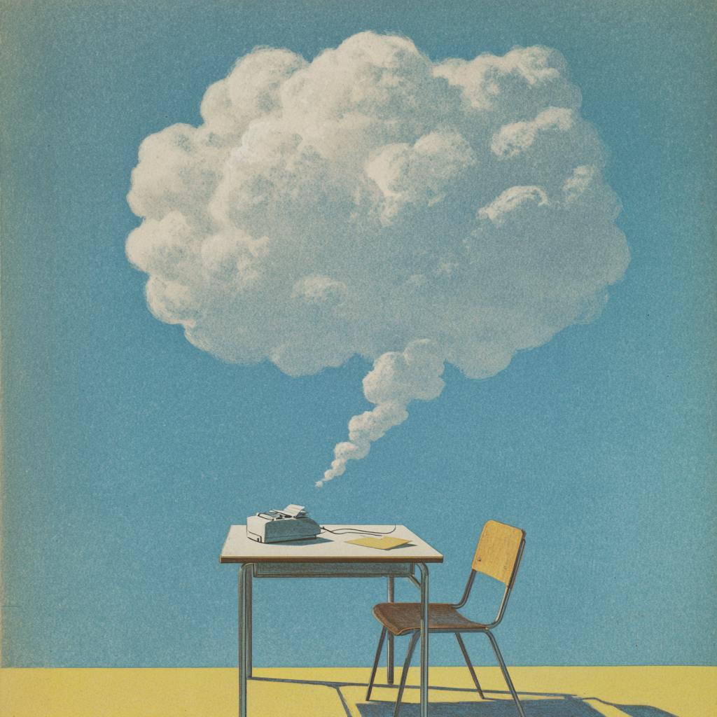 Ein Schreibtisch mit einer Schreibmaschine, aus der eine Wolke aufsteigt