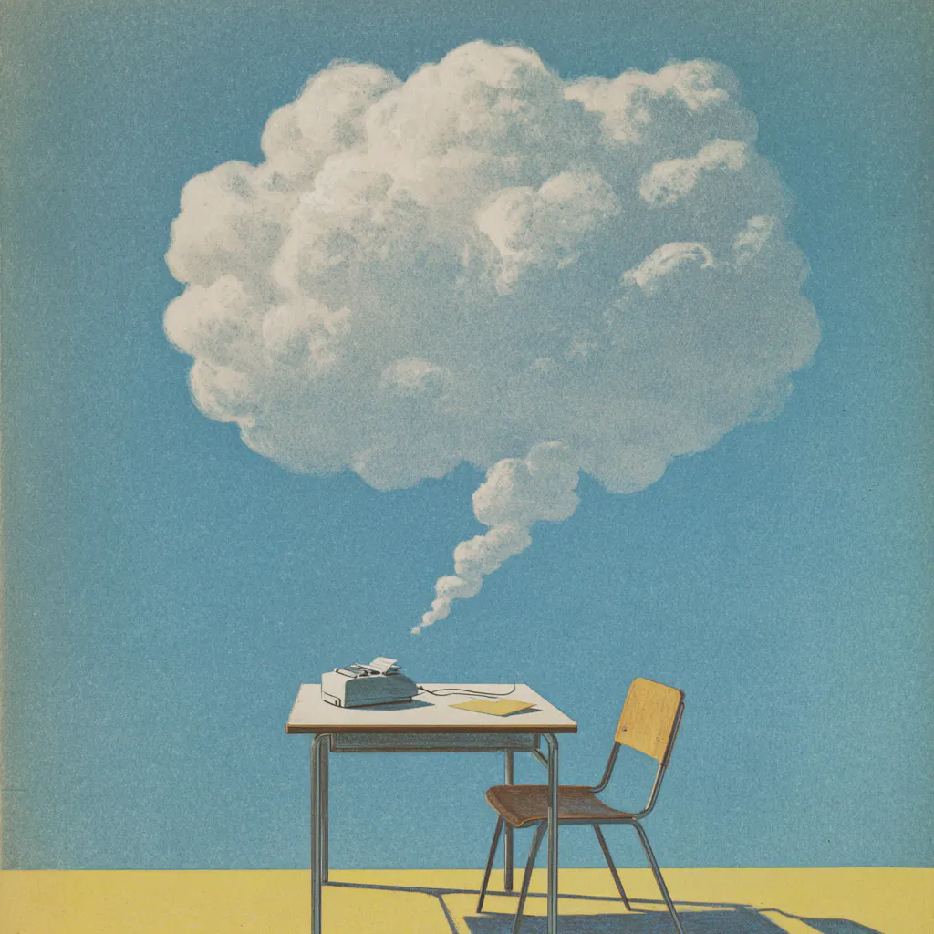 Ein Schreibtisch mit einer Schreibmaschine, aus der eine Wolke aufsteigt