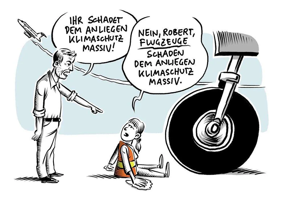 Ihr schadet dem Anliegen Klimaschutz massiv, sagt Robert Habeck in diesem Comic zu einem Mädchen vor einem Flugzeugrad. Sie antwortet: Nein Robert, Flugzeuge schaden dem Anliegen Klimaschutz massiv.