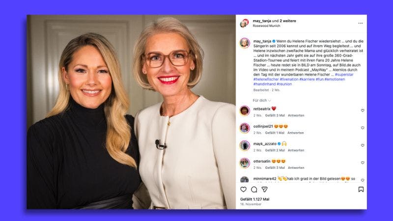 Helene Fischer (l.) und Tanja May stehen eng beieinander und strahlen in die Kamera.