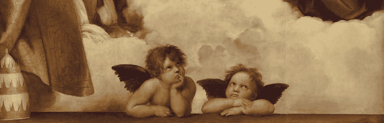 zwei Engel aus dem berühmten Raffael-Bild der Sixtinischen Madonna schauen in die Luft