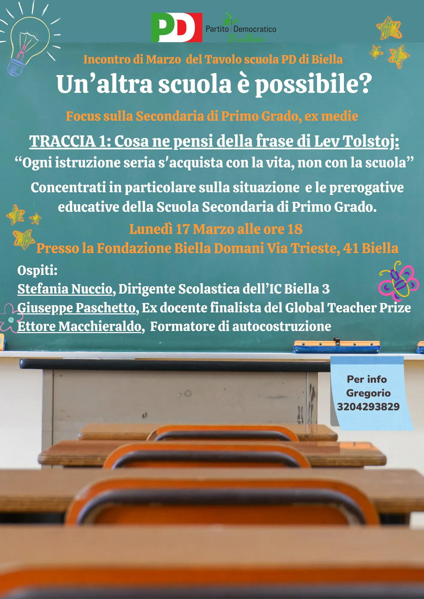 Volantino inziativa Tavolo Scuola PD Biella "Un'altra scuola è possibile?"