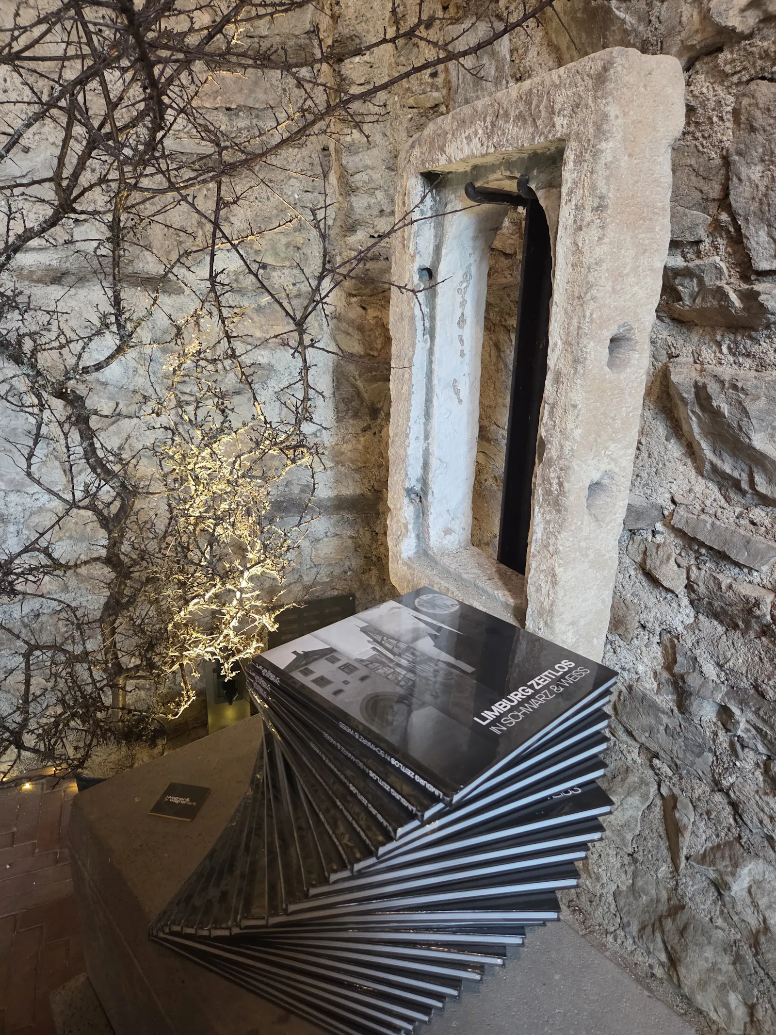 Mehrere Bücher liegen spiralig aufeinander, im Hintergrund sind kahle Äste zu sehen, ein altes Steinfenster sowie alte Mauern.