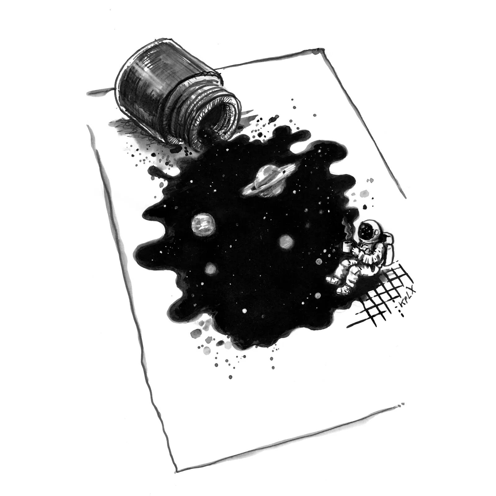 ALT text (English):
An overturned ink bottle has spilled onto a sheet of paper, forming a large black blot that resembles a universe with stars and planets inside. At the edge of the ink pool, a tiny astronaut sits calmly, drinking a cup of coffee.
ALT-Text (Deutsch):
Ein umgestürztes Tuscheglas hat sich auf einem Blatt Papier entleert und einen großen schwarzen Fleck gebildet, der einem Universum mit Sternen und Planeten ähnelt. Am Rand des Tuscheflecks sitzt ein winziger Astronaut und trinkt gelassen eine Tasse Kaffee.