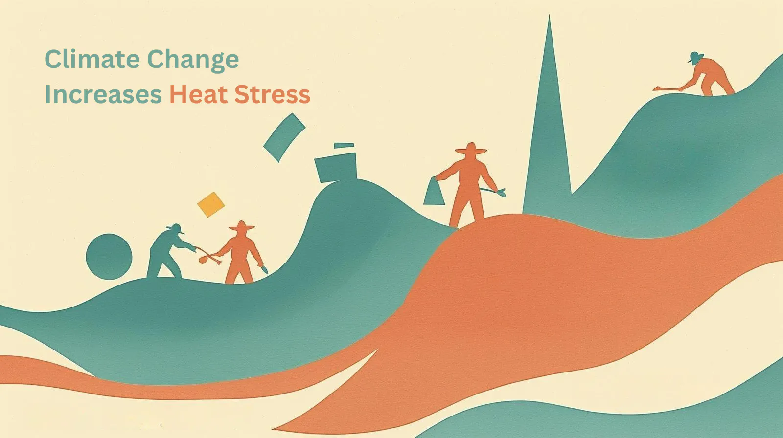 Das Bild zeigt Landarbeiter*innen auf abstrakten Formen. Daneben ein Text: Climate Change Increases Heat Stress