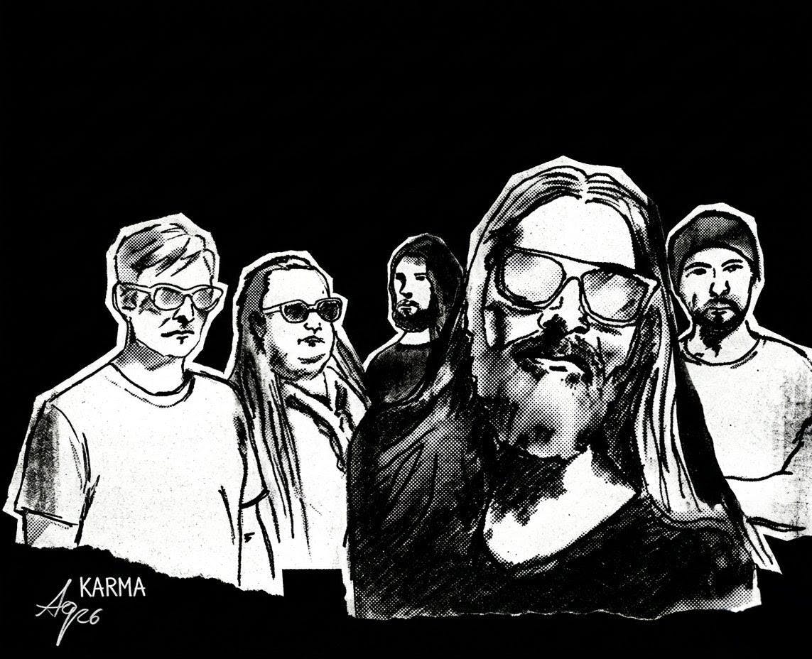 Illustrazione in bianco e nero in stile fumetto o serigrafia dei cinque membri della rock band italiana Karma su sfondo nero.