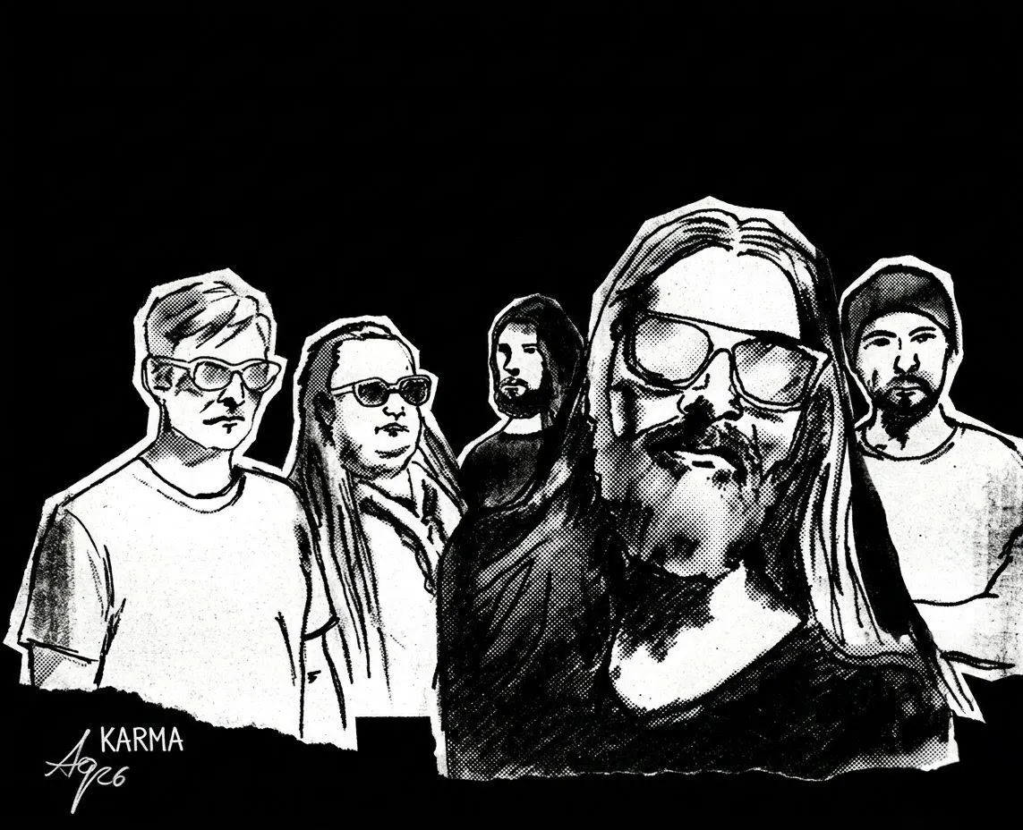Illustrazione in bianco e nero in stile fumetto o serigrafia dei cinque membri della rock band italiana Karma su sfondo nero.