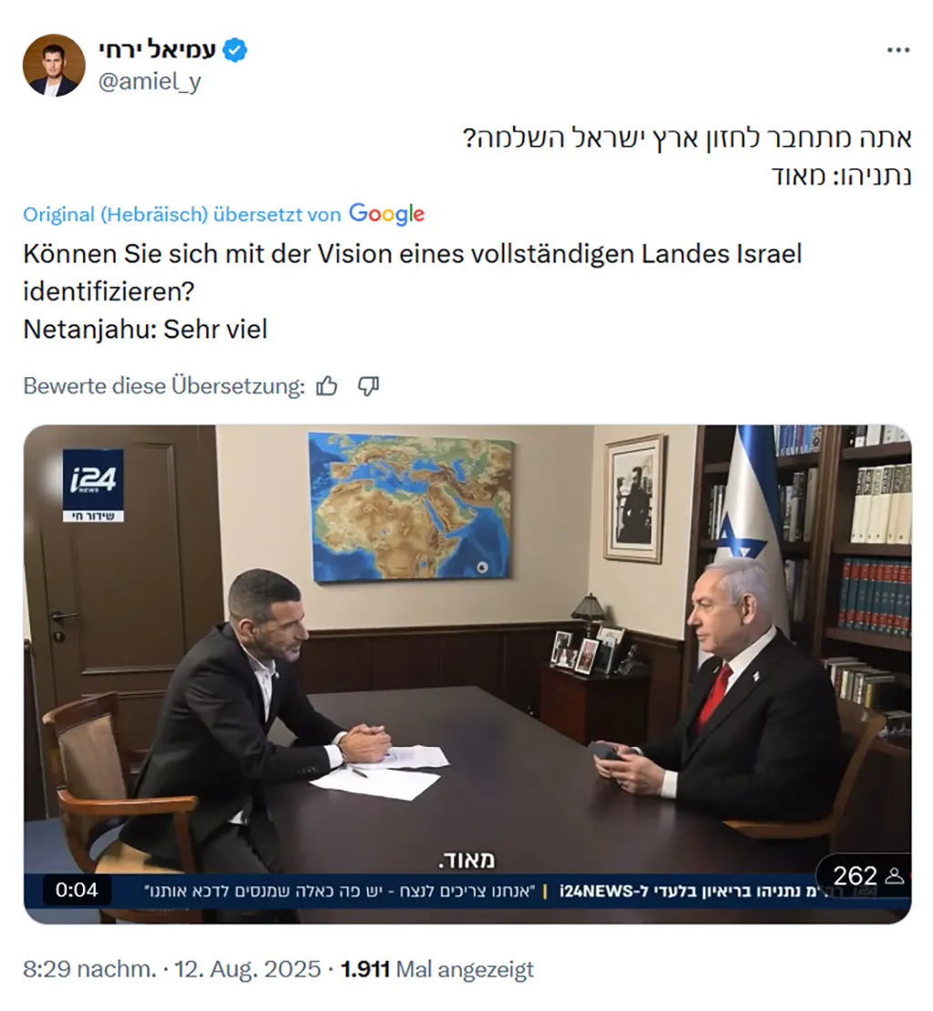 Screenshot des Postings, zu sehen ist ein Video-Bild mit Netanjahu und dem Jornalisten Gal.