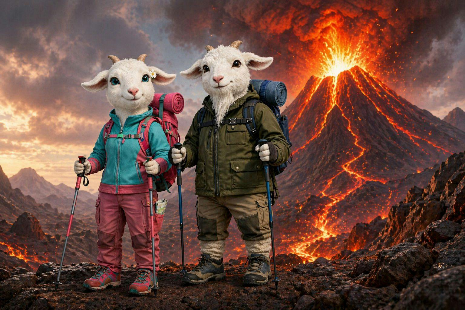 KI-generiertes Bild zweier Ziegen vor einem Vulkanausbruch