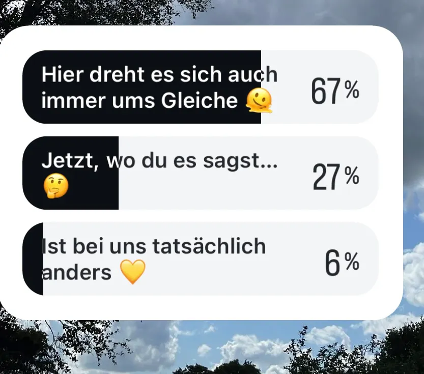 Screenshot einer Instagram-Umfrage, man sieht die Antwortmöglichkeiten
"Hier dreht es sich auch immer um das Gleiche" (67%)
"Jetzt, wo du es sagst..." (27%)
"Ist bei uns tatsächlich anders" (6%)