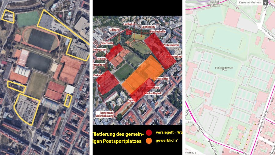 Welche Flächen für den Bau von Wohnraum in Erwägung gezogen werden? Von links nach rechts die Auffassungen der Post AG, die publizierte Grafik des Post SV und der dazugehörige aktuelle Stand der Widmungen. Details zu den Positionen der Akteur*innen findest du in unserem Dossier. Klicke dazu einfach auf das Bild.