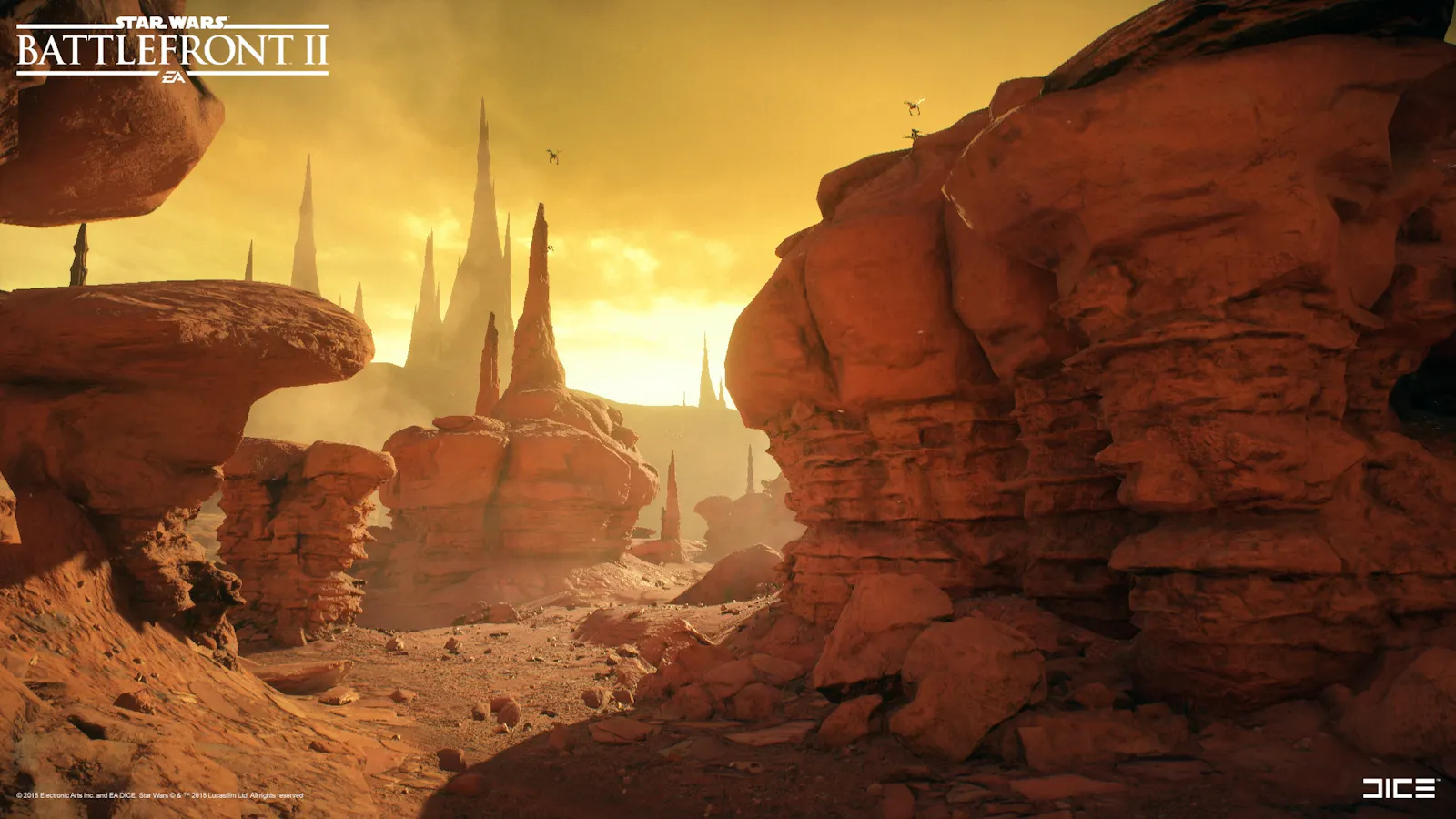 Ein Screenshot eines Canyons aus Star Wars Battlefront 2 im Sonnenuntergang.