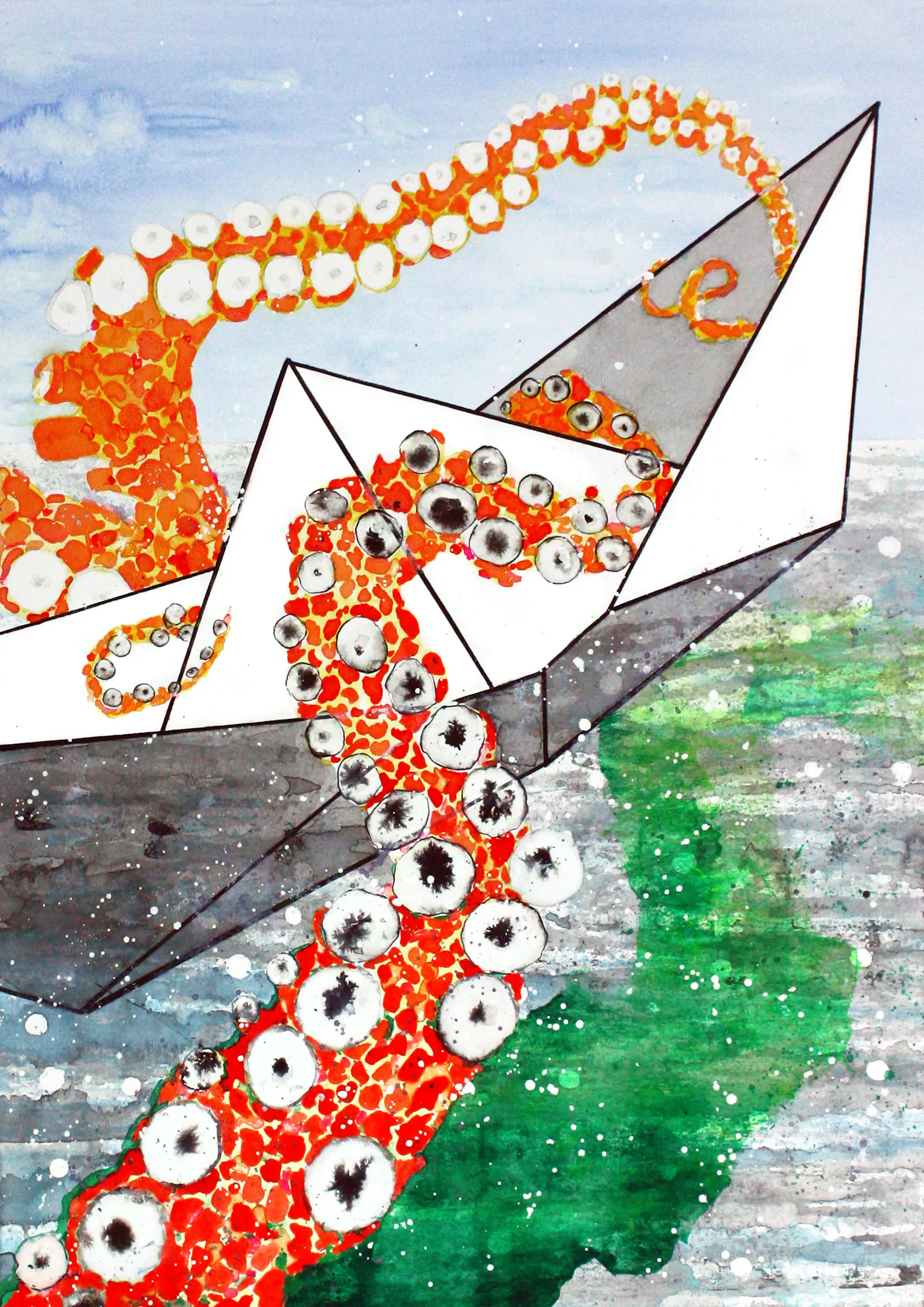 Ein Papierschiff, ein seltsam grünes Etwas, Strukturen in orange, die eventuell an Oktopusarme erinnern und ein bisschen lichtes blaues. Wir sehen das als Himmel.