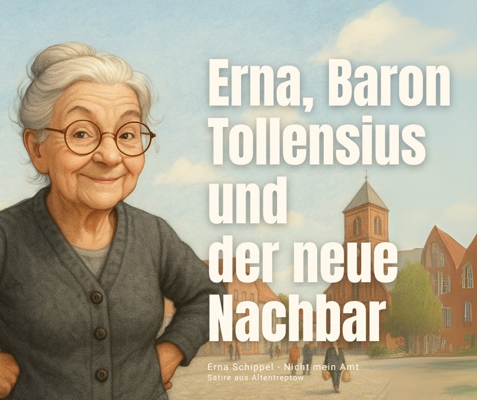 „Illustration von Erna Schippel mit verschmitztem Lächeln, grauem Dutt und runder Brille. Hintergrund: Altentreptower Stadtszene mit Kirche und roten Backsteinhäusern. Titel: ‚Erna, Baron Tollensius und der neue Nachbar‘ – Satire aus Altentreptow -