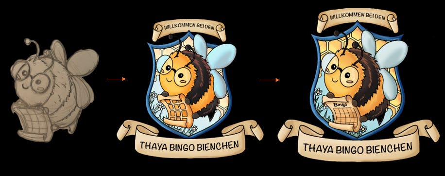 Weitere Arbeitsschritte bis zum finalen Wappen mit einem Bingo-Bienchen im Zentrum.