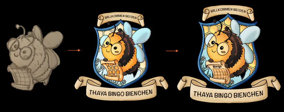 Weitere Arbeitsschritte bis zum finalen Wappen mit einem Bingo-Bienchen im Zentrum.