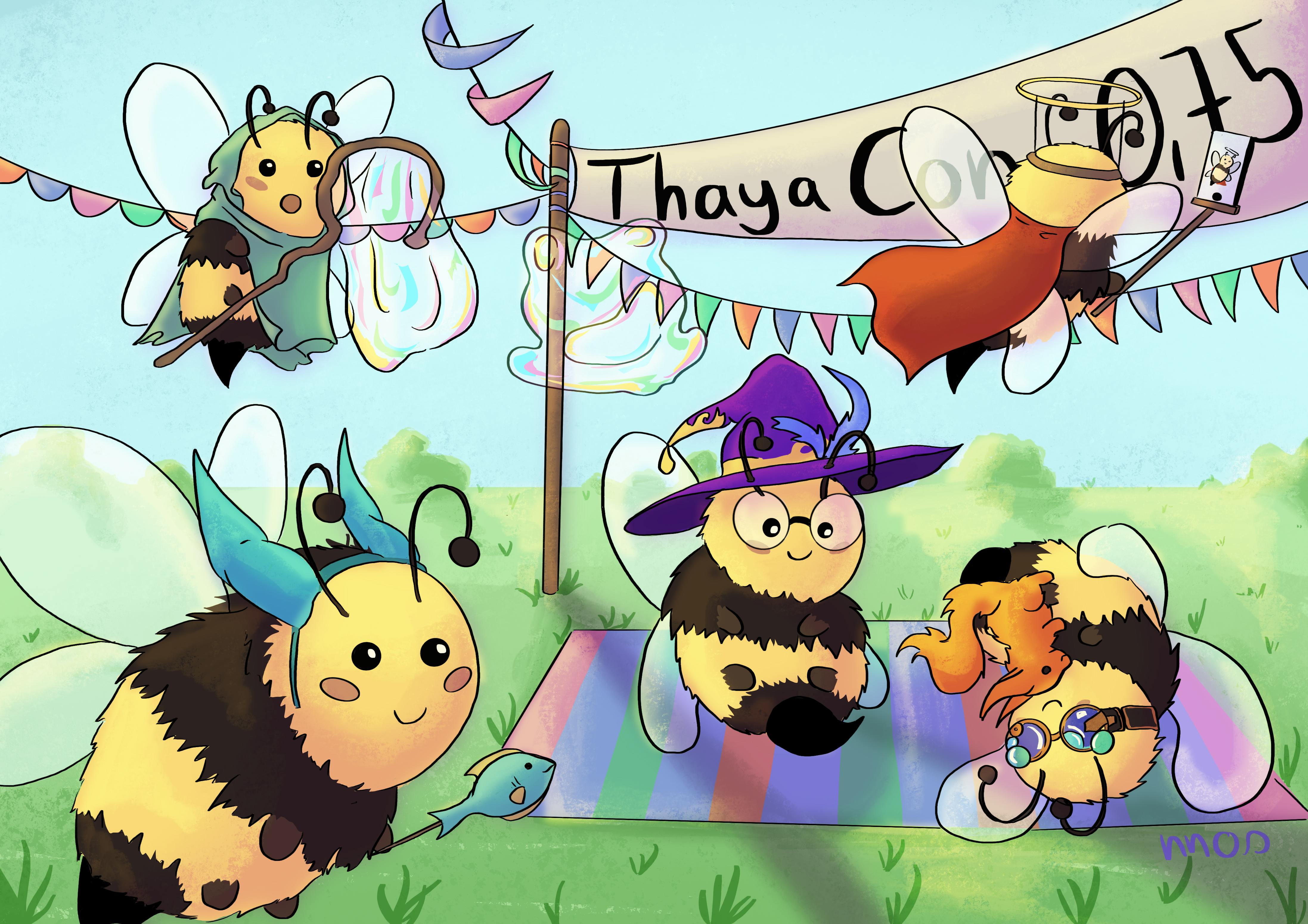 Bingo-Bienchen in Hüter-Cosplays, die gemeinsam feiern.