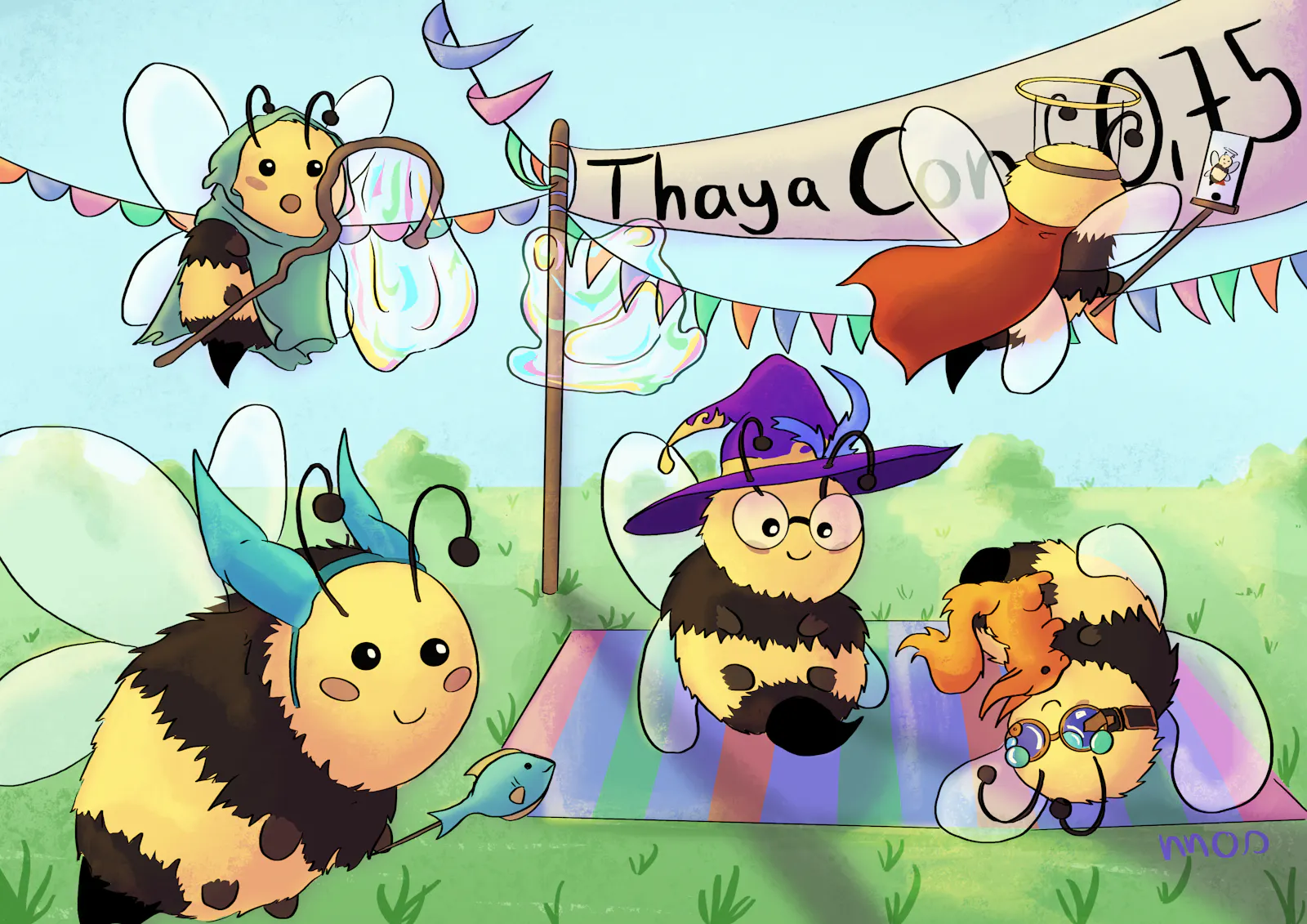 Bingo-Bienchen in Hüter-Cosplays, die gemeinsam feiern.