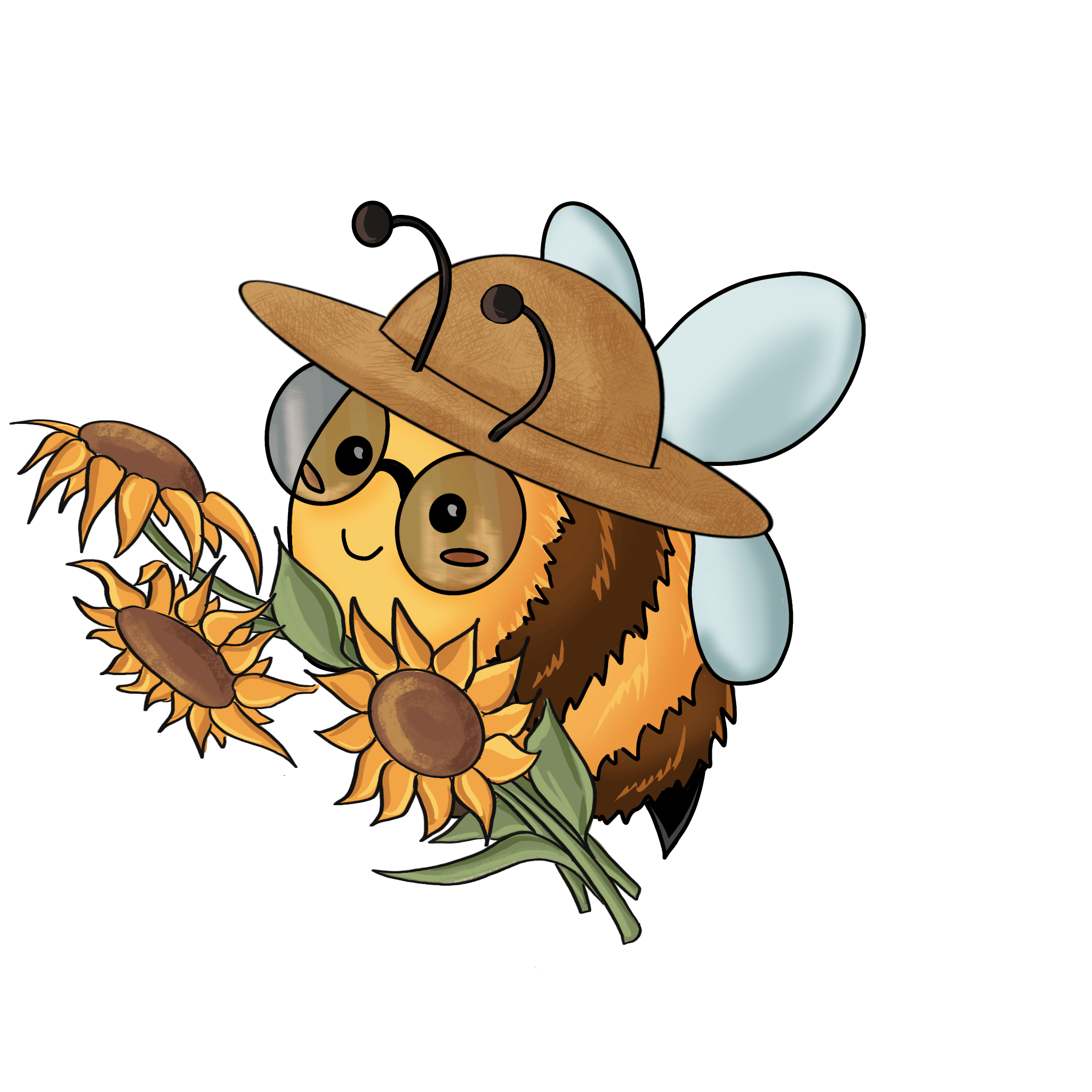 Ein Bingo-Bienchen mit Sonnenhut und Sonnenblümchen in der Hand.